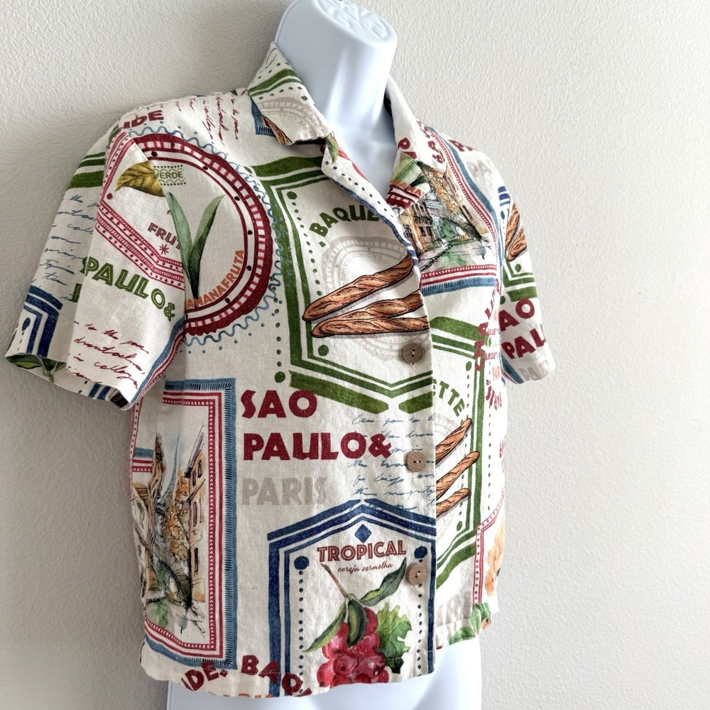 Rachel Zoe Linen Print Top Womens Small Coastal Colorful Paris Travel Vacation - Picture 7 of 11